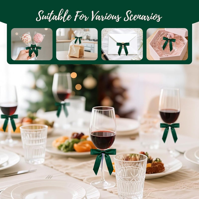 Sokfone Satin Ribbon Dark Green Bow Decor 2.5" Premade Dark Green Twist Tie Bows for Gift Wrapping Bow for Treat Bags Party Favors Wedding Decorations - 50 Counts - Image 2